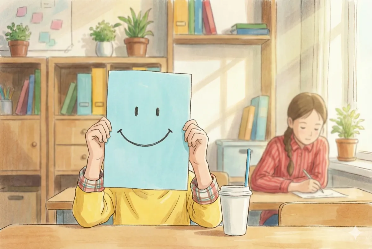 A student in a classroom holding up a paper with a smiley face, representing engagement and positive learning experiences